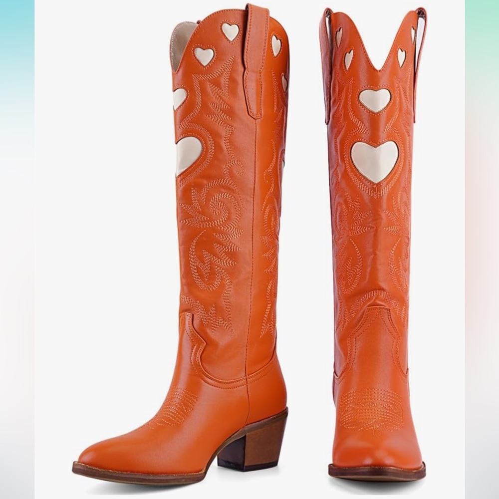 Orange Heart Design Cowboy Boots